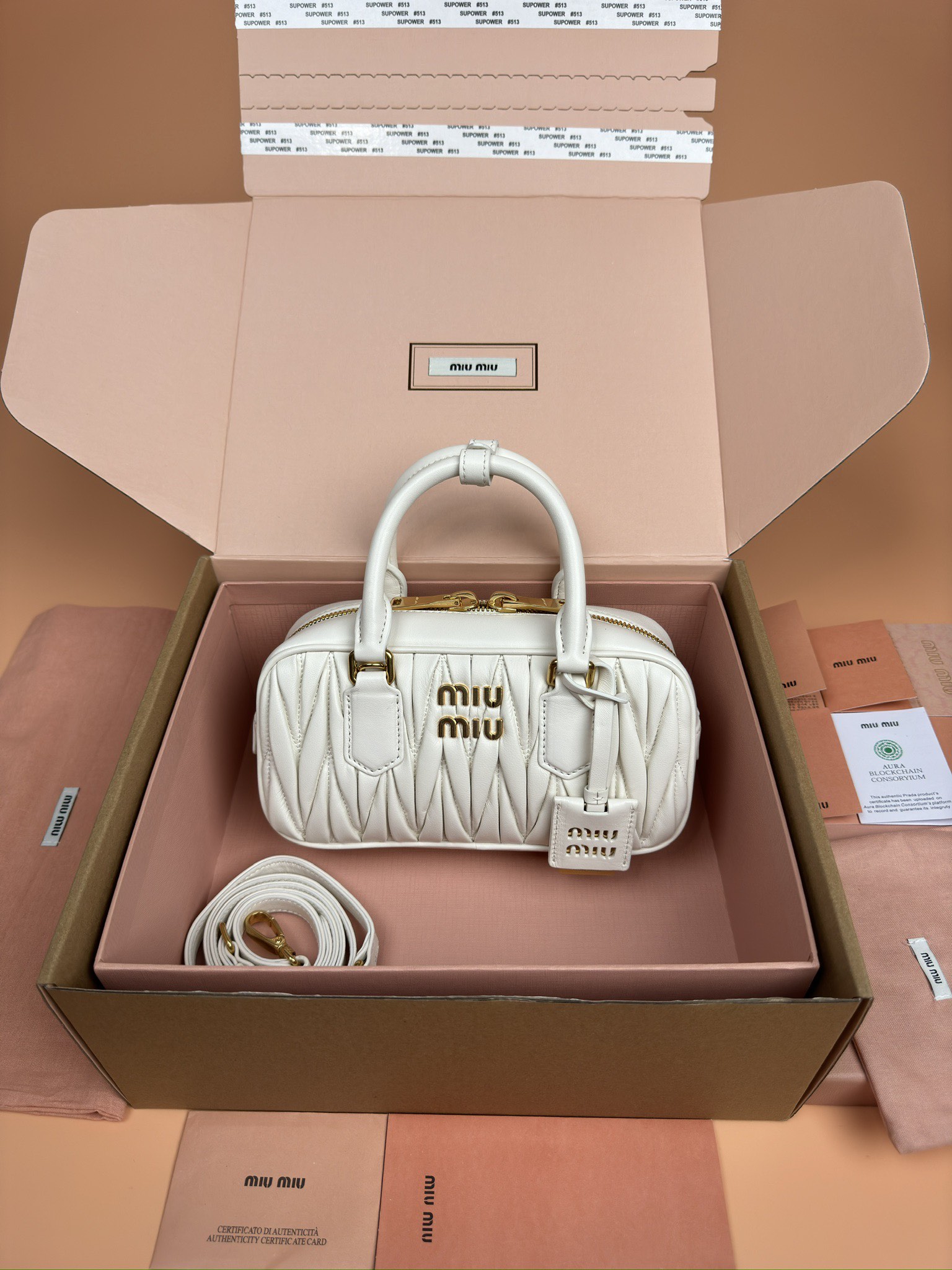 Miumiu 5BB142 Arcadie Matelasse Nappa Leather Bag White