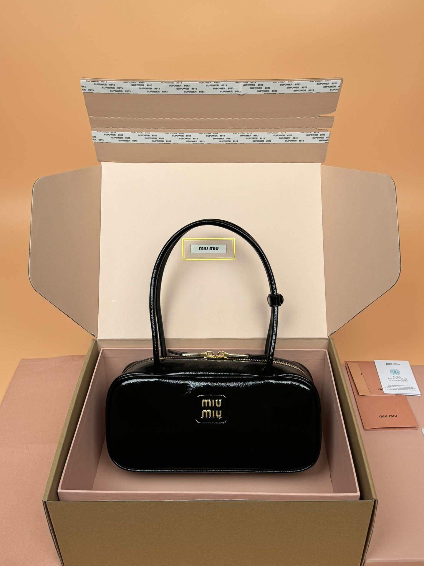 Miumiu 5BB173 Beau Naplak Patent Leather Bag Black