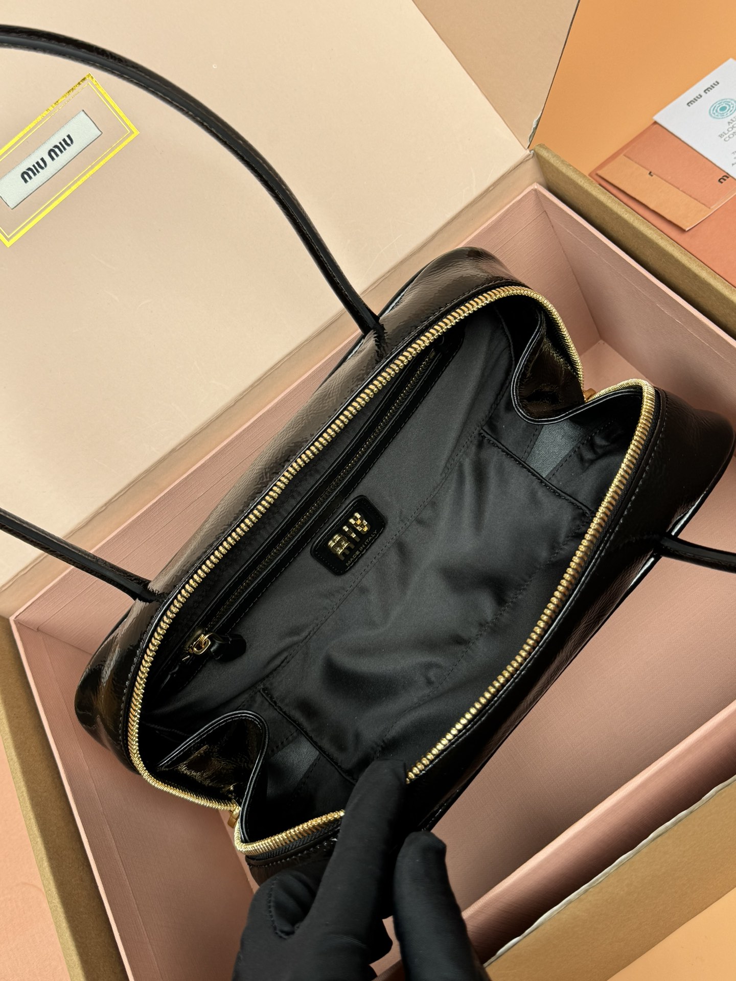 Miumiu 5BB173 Beau Naplak Patent Leather Bag Black