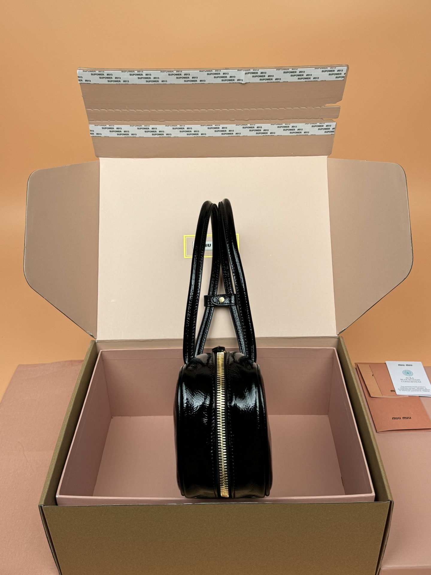 Miumiu 5BB173 Beau Naplak Patent Leather Bag Black
