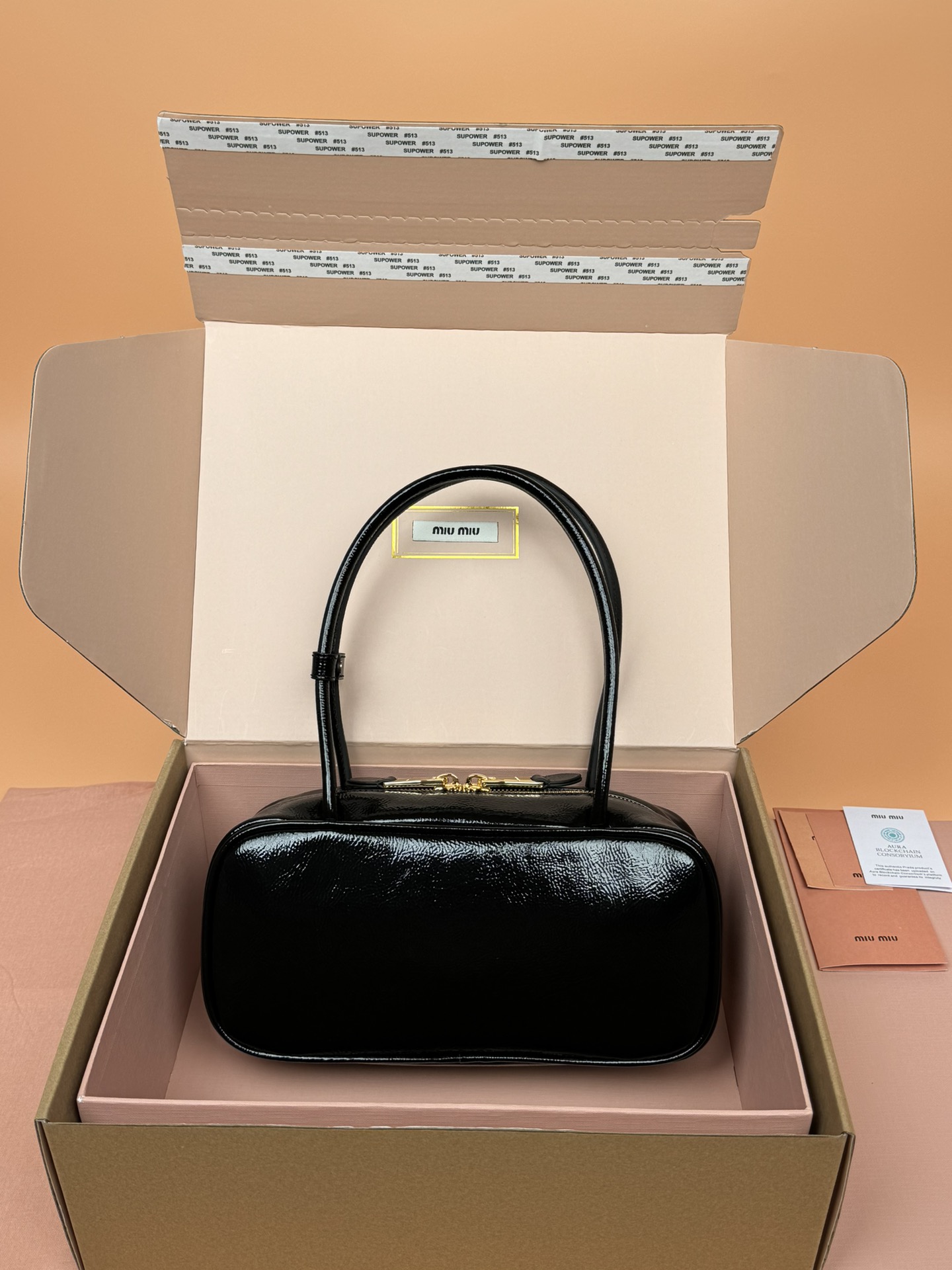 Miumiu 5BB173 Beau Naplak Patent Leather Bag Black