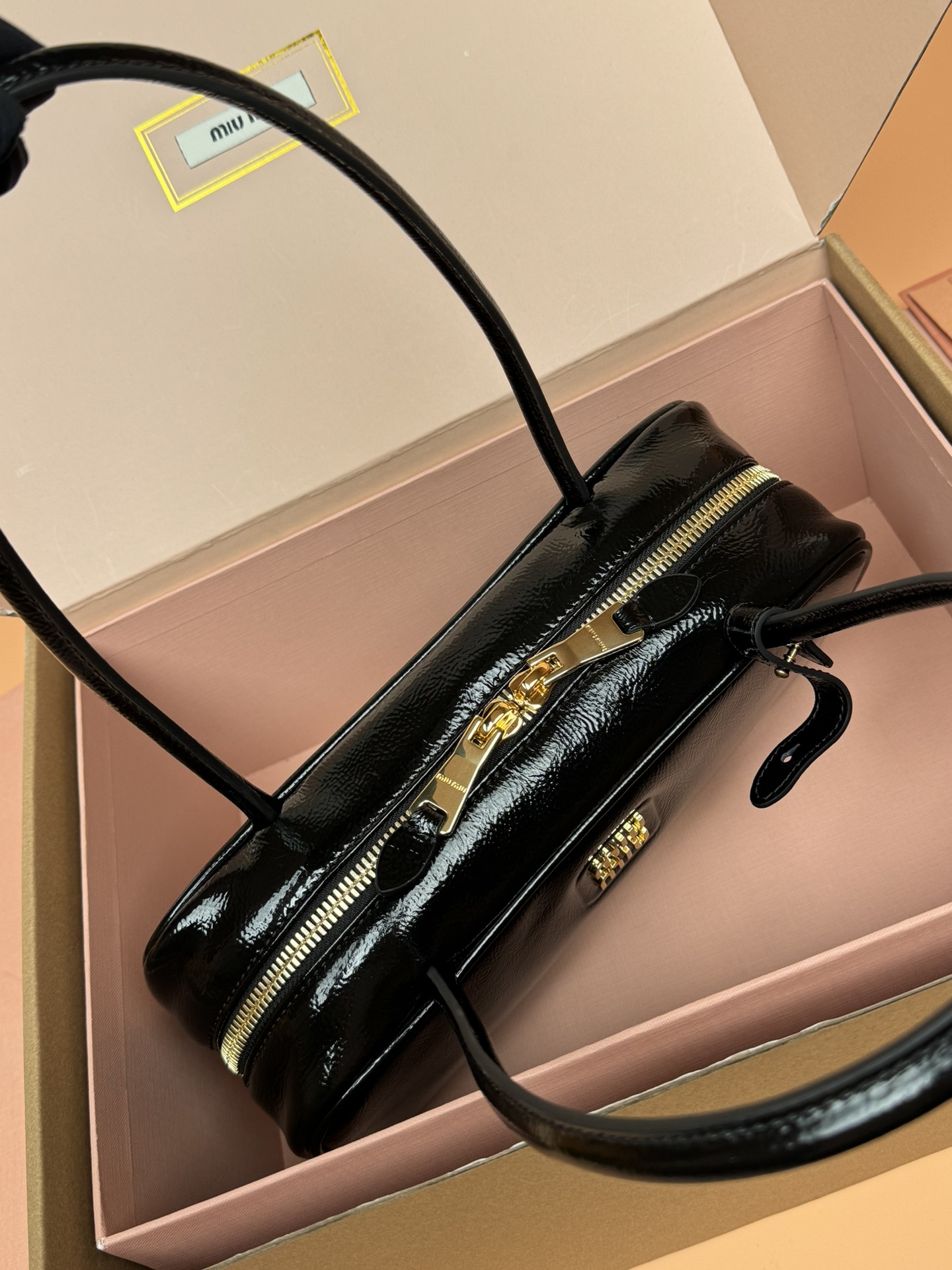 Miumiu 5BB173 Beau Naplak Patent Leather Bag Black