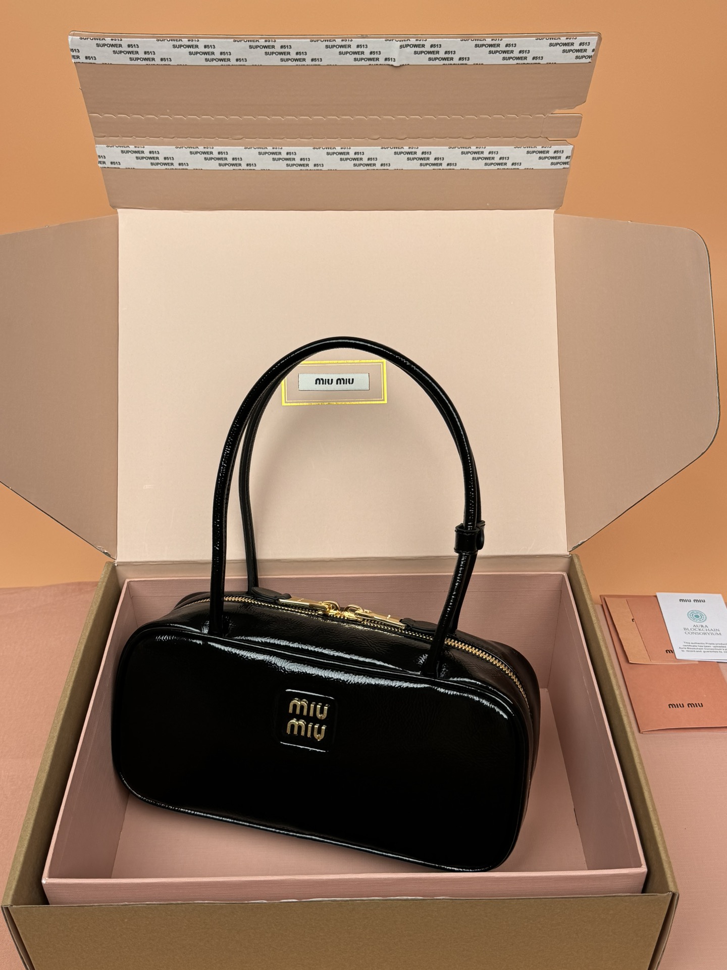Miumiu 5BB173 Beau Naplak Patent Leather Bag Black