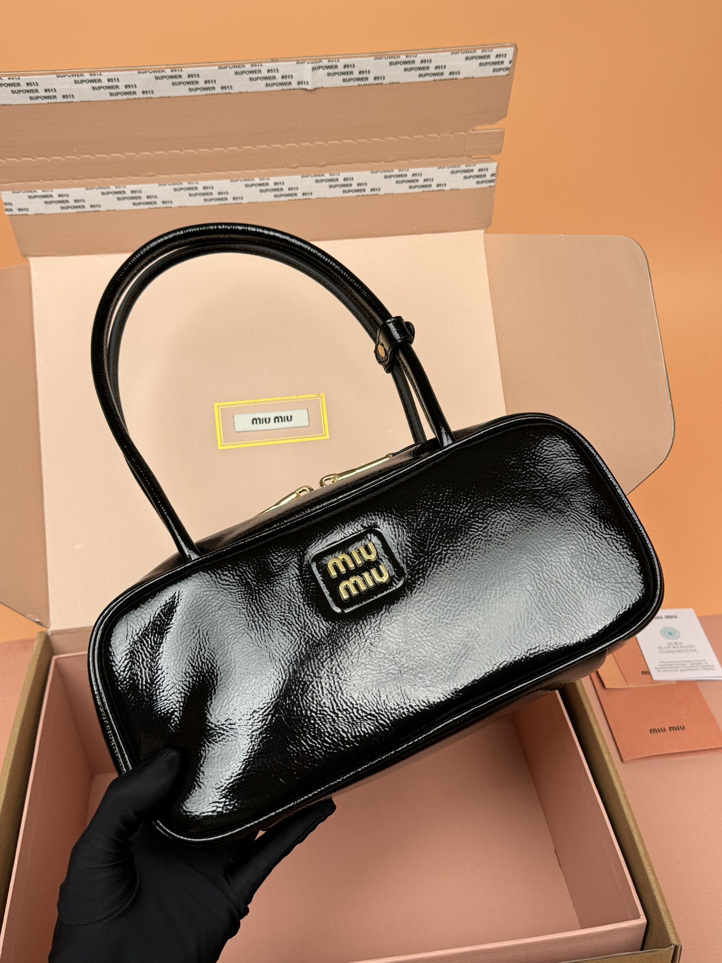 Miumiu 5BB173 Beau Naplak Patent Leather Bag Black