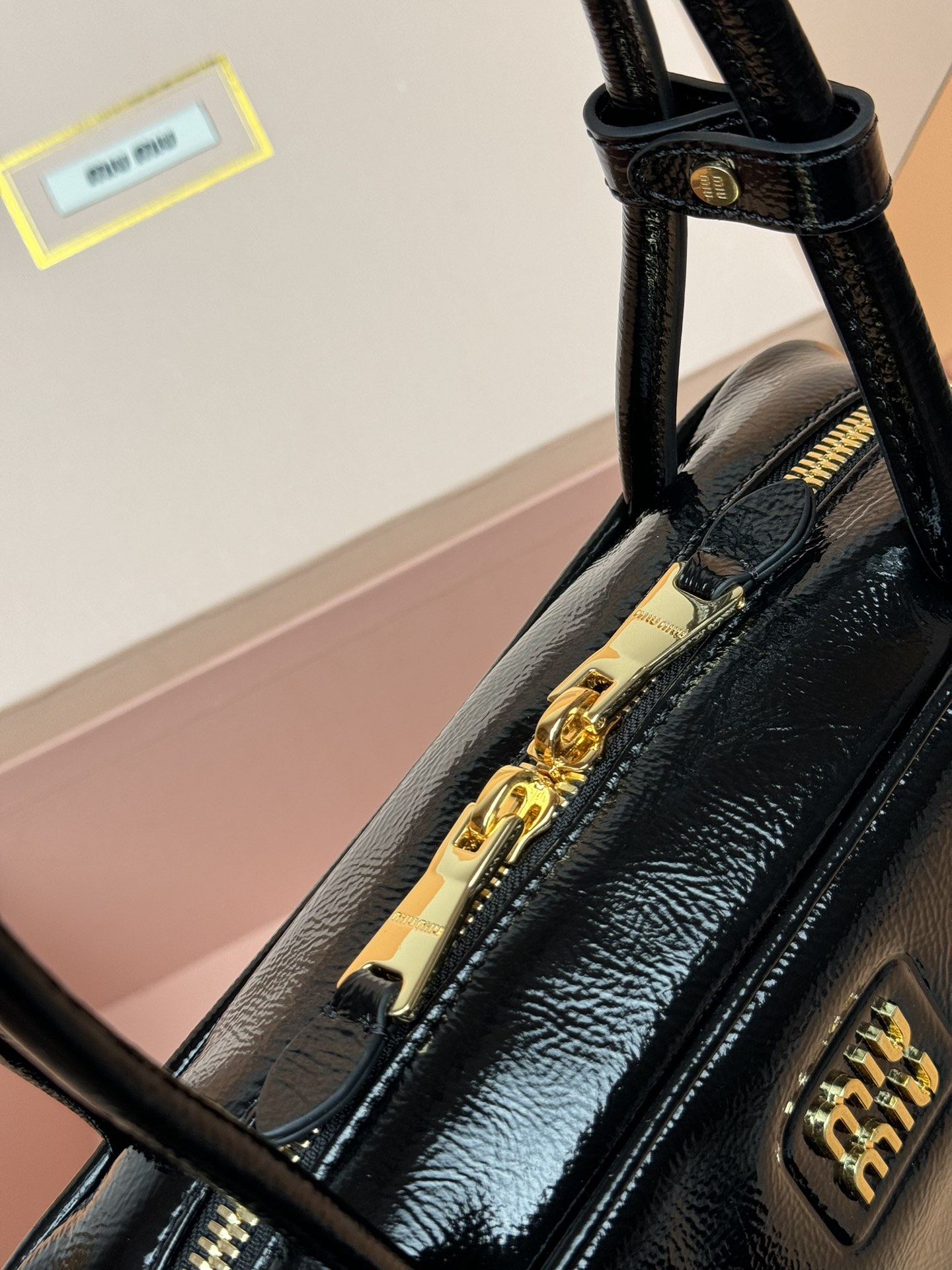 Miumiu 5BB173 Beau Naplak Patent Leather Bag Black