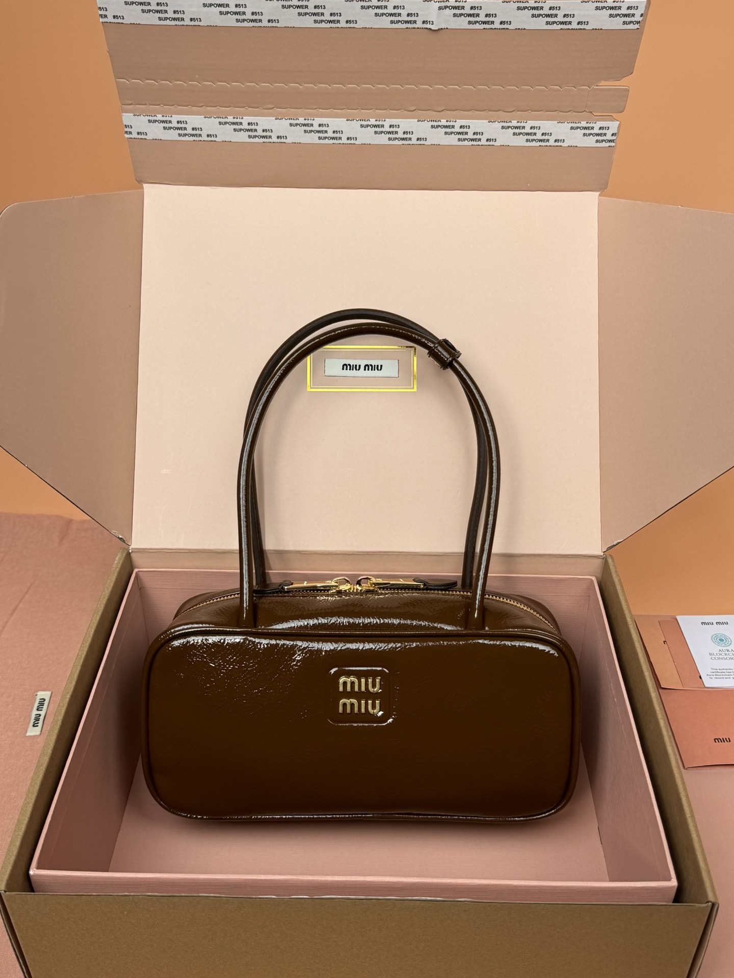 Miumiu 5BB173 Beau Naplak Patent Leather Bag Brown
