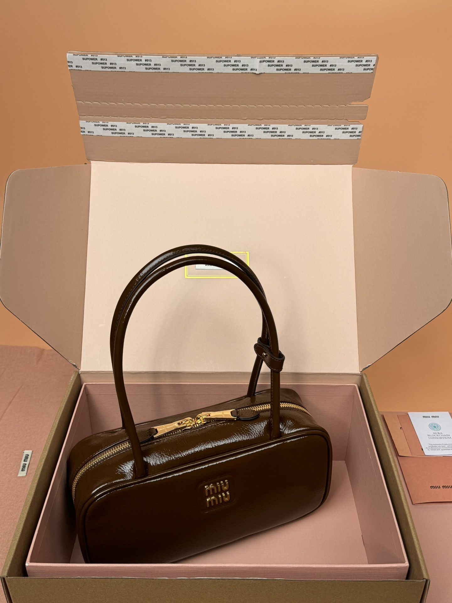 Miumiu 5BB173 Beau Naplak Patent Leather Bag Brown