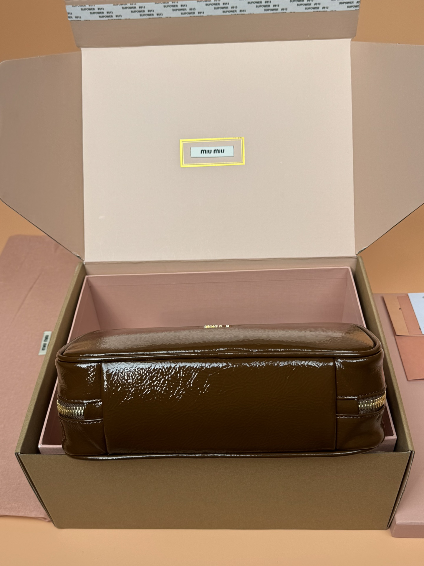 Miumiu 5BB173 Beau Naplak Patent Leather Bag Brown