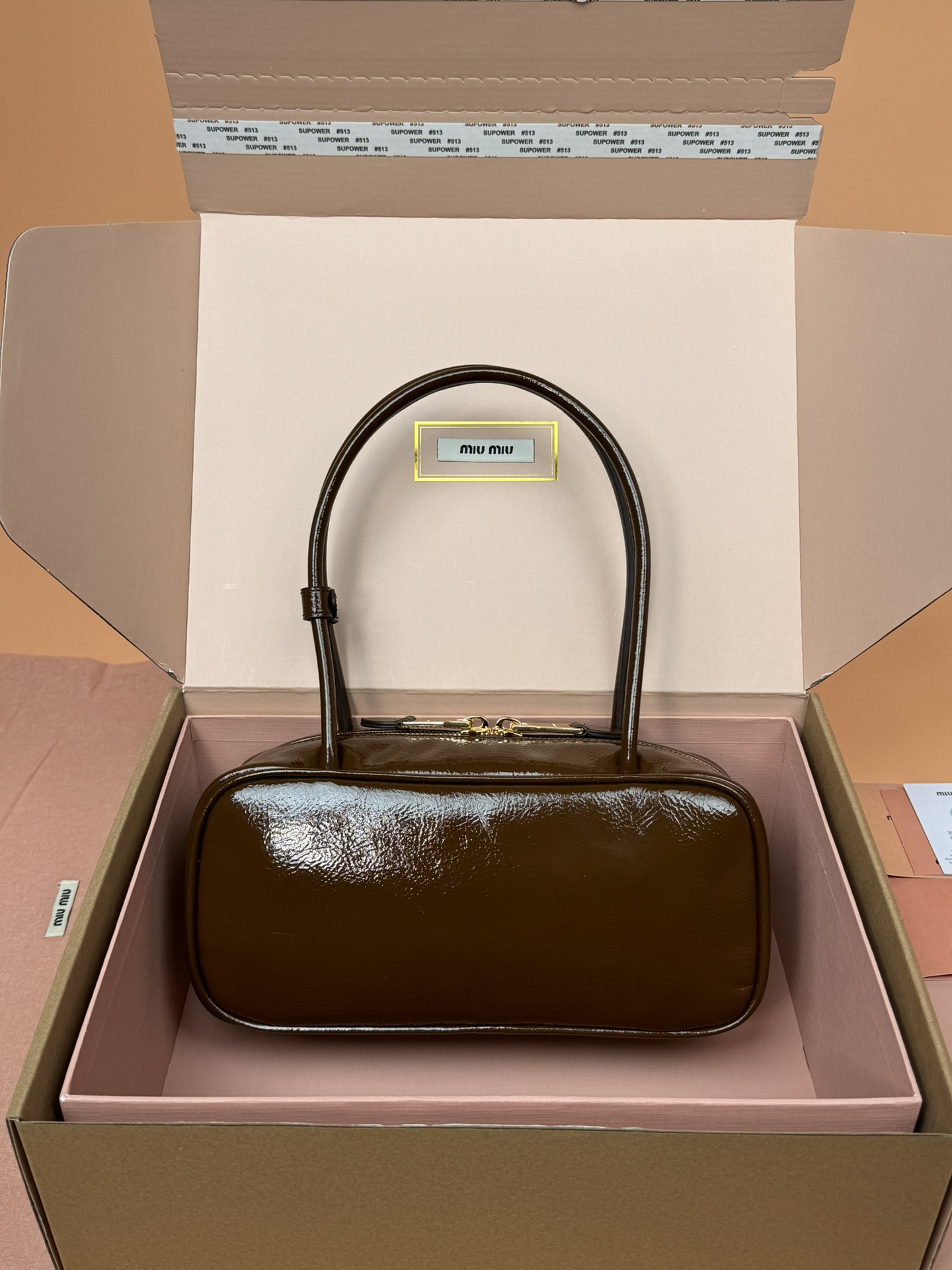 Miumiu 5BB173 Beau Naplak Patent Leather Bag Brown