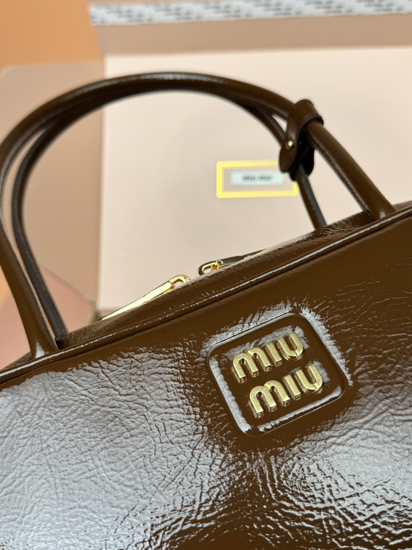 Miumiu 5BB173 Beau Naplak Patent Leather Bag Brown