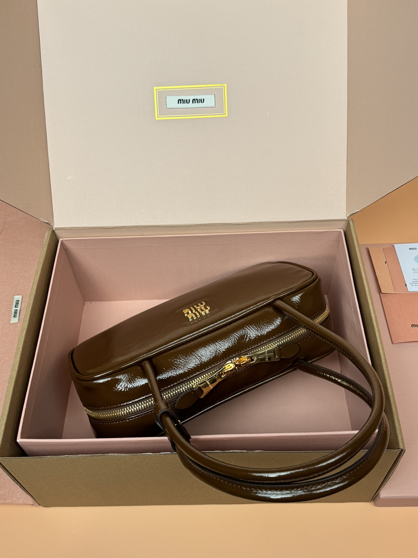 Miumiu 5BB173 Beau Naplak Patent Leather Bag Brown