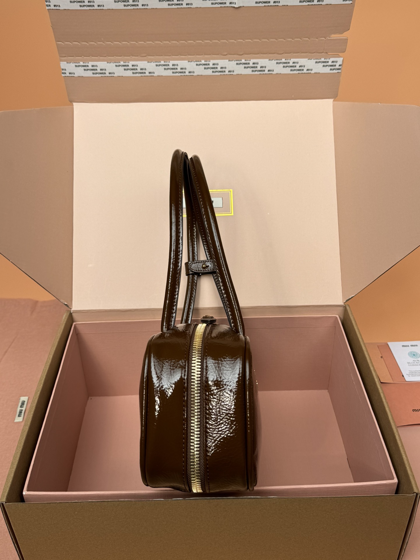 Miumiu 5BB173 Beau Naplak Patent Leather Bag Brown