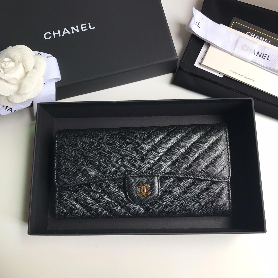 NEW Replica Chanel A80758 Classics Flap Long Wallet Caviar Quilted Genuine Leather Gold Tone Metal