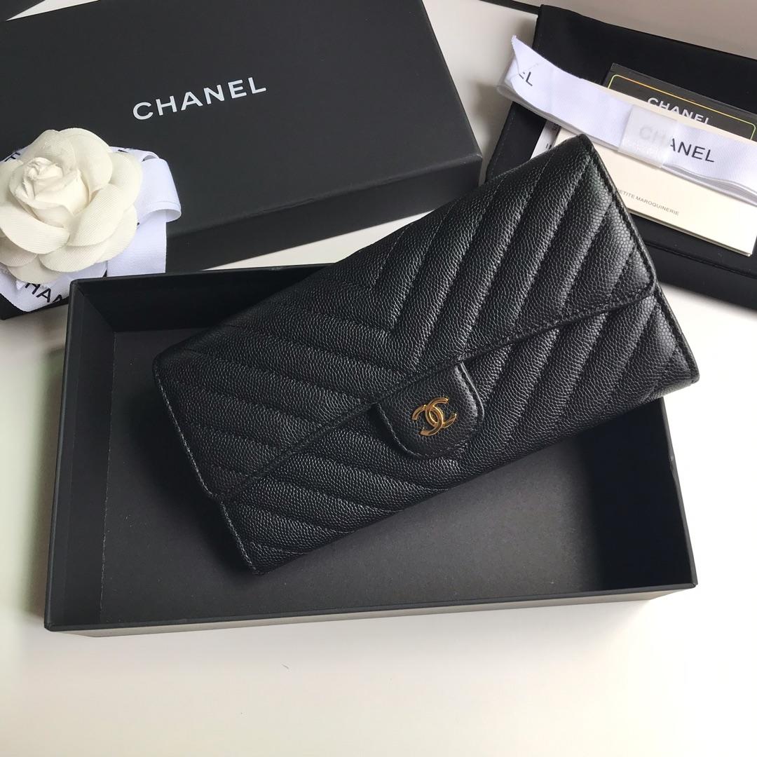 NEW Replica Chanel A80758 Classics Flap Long Wallet Caviar Quilted Genuine Leather Gold Tone Metal