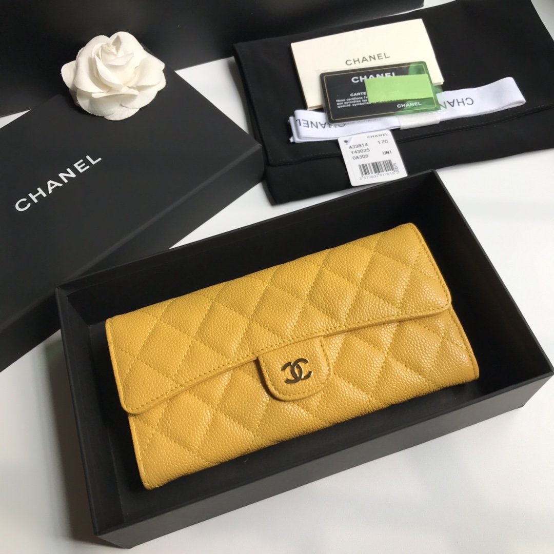 NEW Replica Chanel Classics Flap Long Wallet Caviar Quilted Genuine Leather Gold Tone Metal Yellow