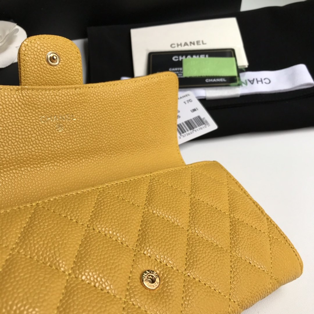 NEW Replica Chanel Classics Flap Long Wallet Caviar Quilted Genuine Leather Gold Tone Metal Yellow