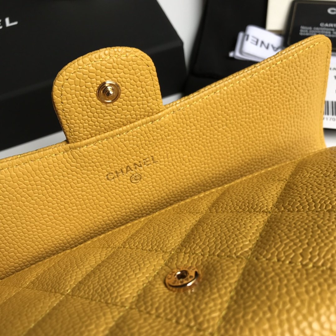 NEW Replica Chanel Classics Flap Long Wallet Caviar Quilted Genuine Leather Gold Tone Metal Yellow