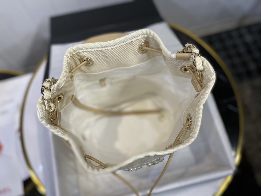 NEW Replica Chanel Small Drawstring Bag Grained Calfskin Beige