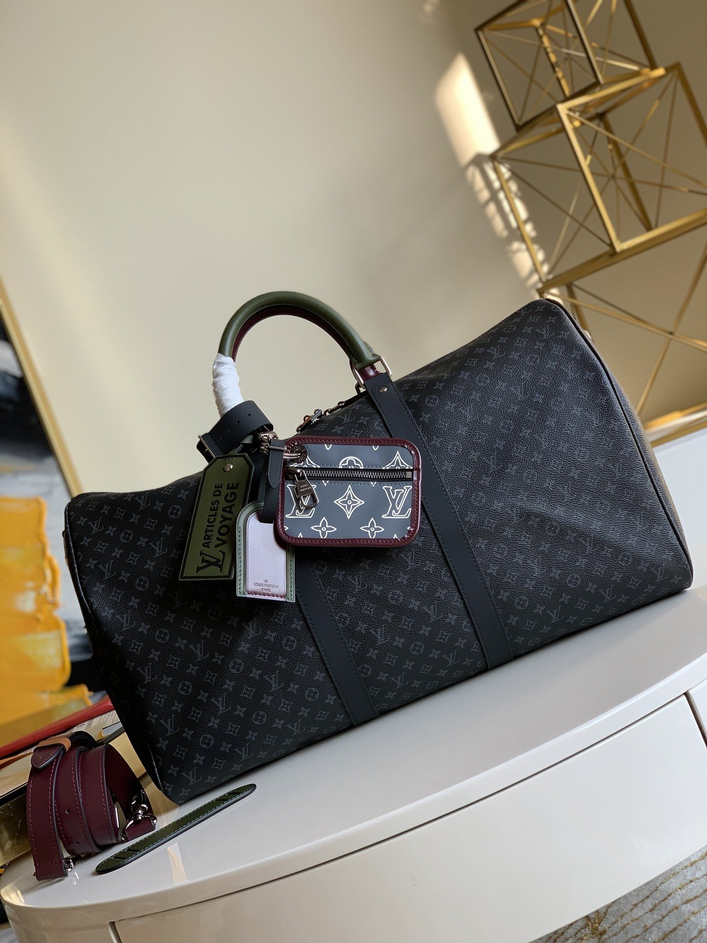 NEW Replica Louis Vuitton M56856 Keepall Bandouliere 50 Monogram Eclipse Coated Canvas and Cowhide Leather