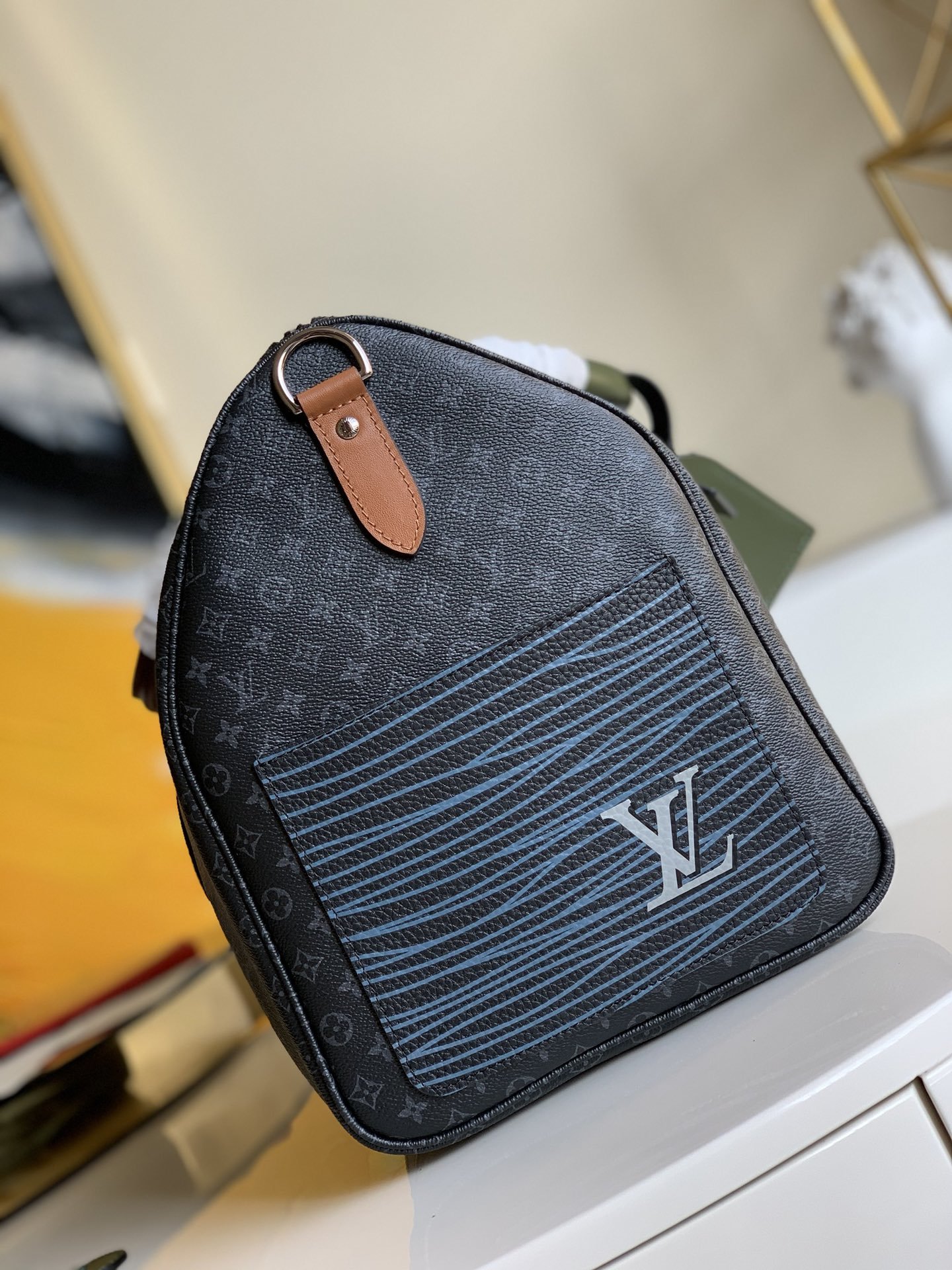 NEW Replica Louis Vuitton M56856 Keepall Bandouliere 50 Monogram Eclipse Coated Canvas and Cowhide Leather