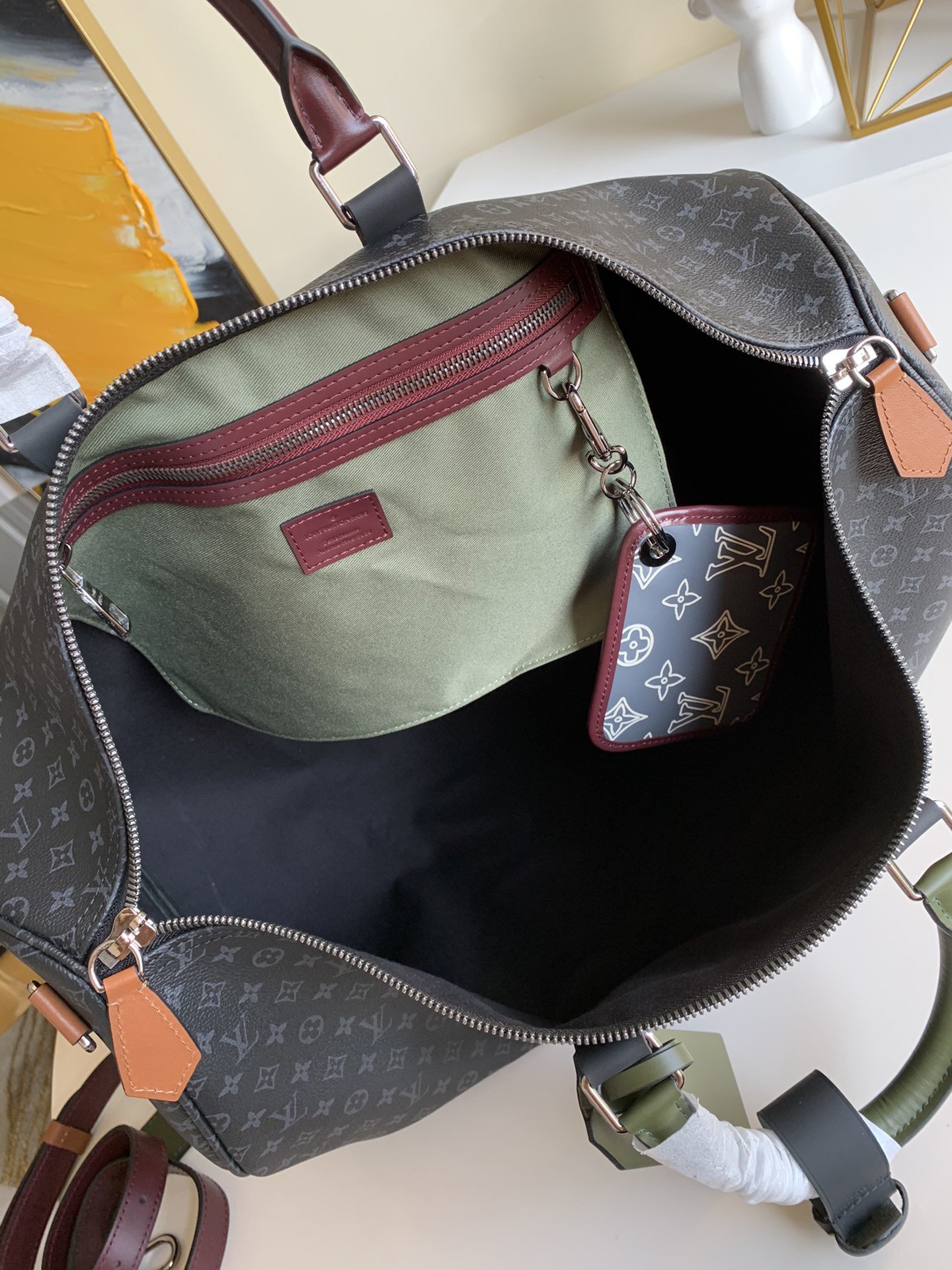 NEW Replica Louis Vuitton M56856 Keepall Bandouliere 50 Monogram Eclipse Coated Canvas and Cowhide Leather