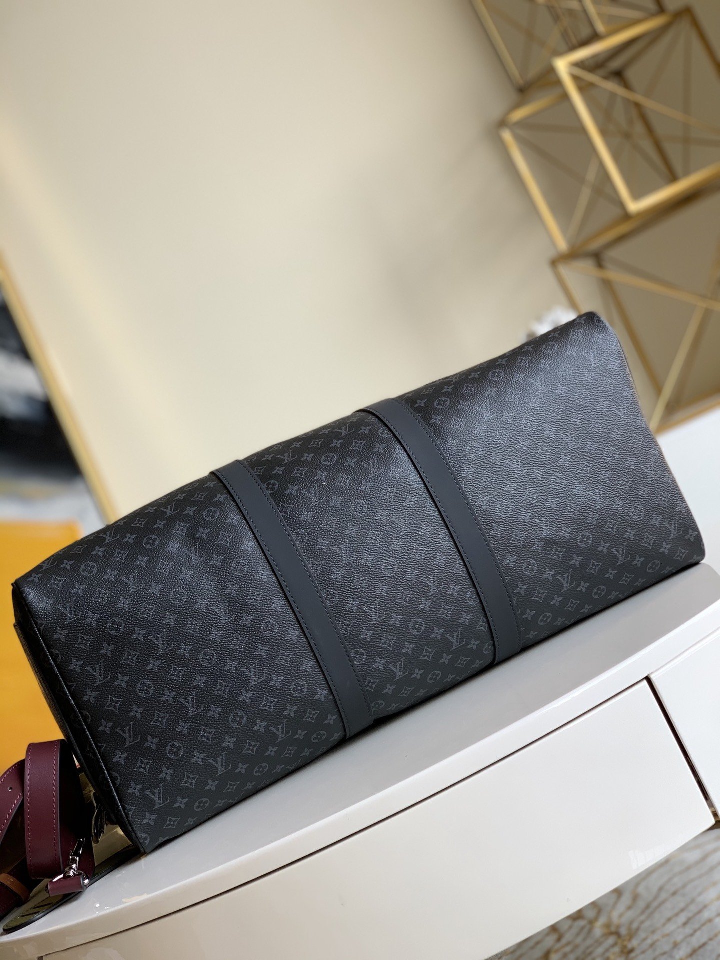 NEW Replica Louis Vuitton M56856 Keepall Bandouliere 50 Monogram Eclipse Coated Canvas and Cowhide Leather