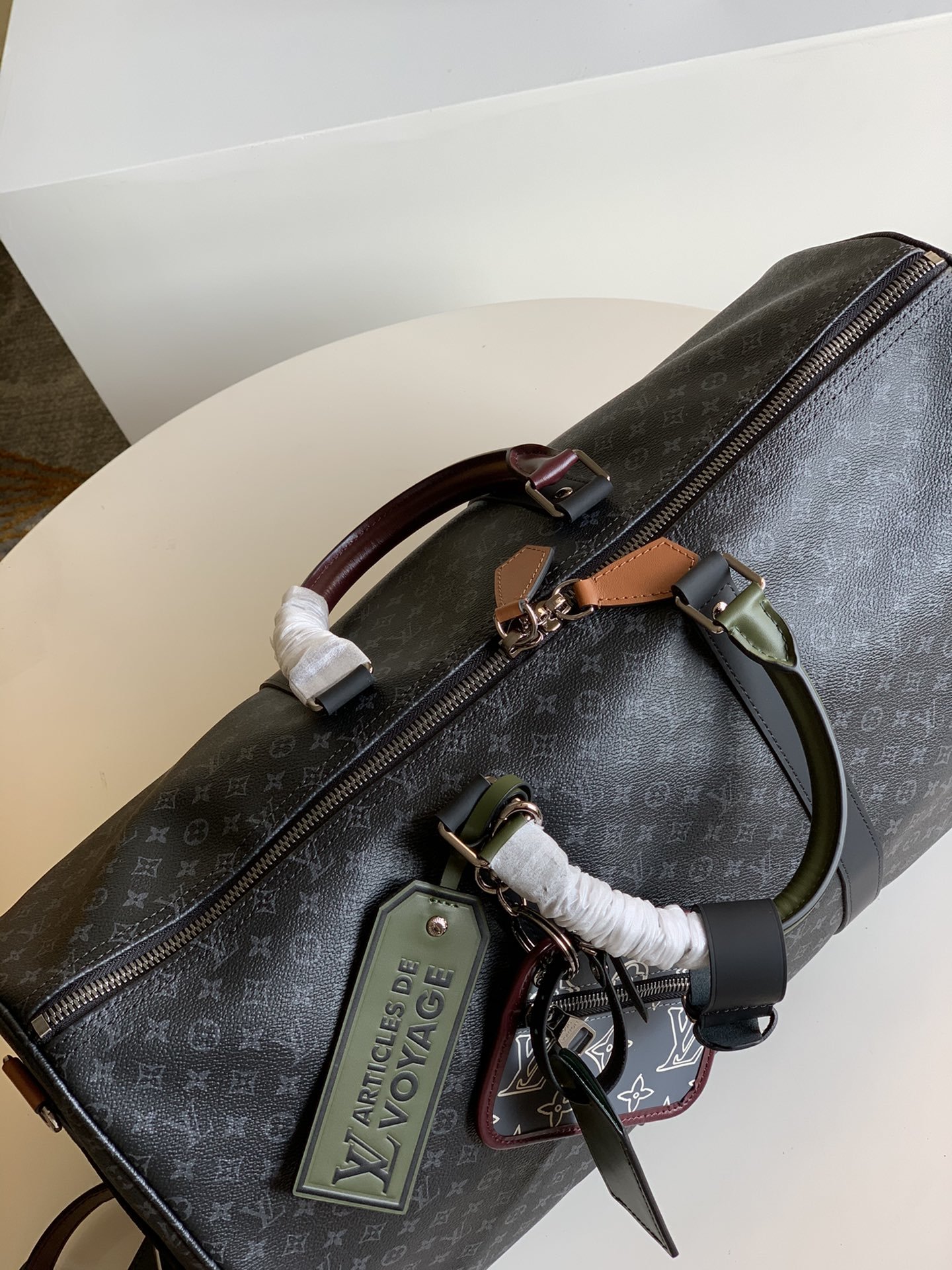 NEW Replica Louis Vuitton M56856 Keepall Bandouliere 50 Monogram Eclipse Coated Canvas and Cowhide Leather