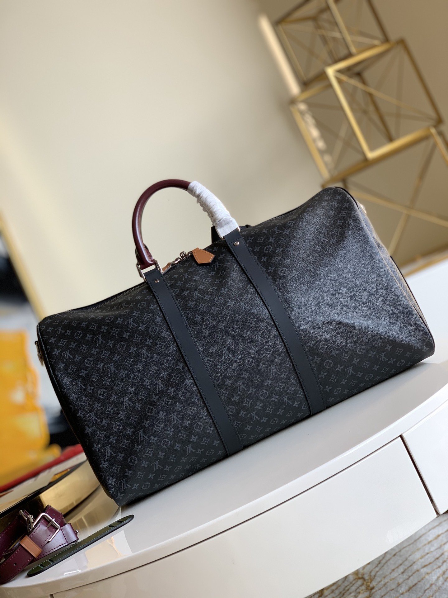 NEW Replica Louis Vuitton M56856 Keepall Bandouliere 50 Monogram Eclipse Coated Canvas and Cowhide Leather