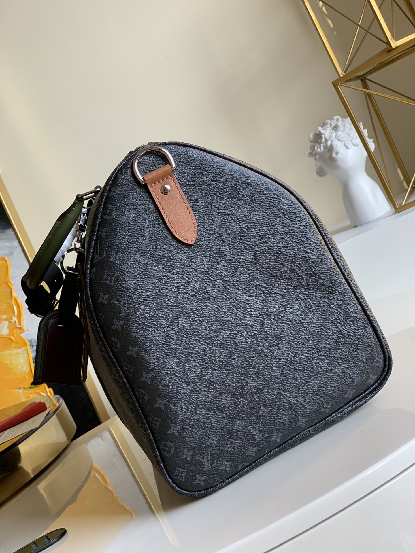 NEW Replica Louis Vuitton M56856 Keepall Bandouliere 50 Monogram Eclipse Coated Canvas and Cowhide Leather