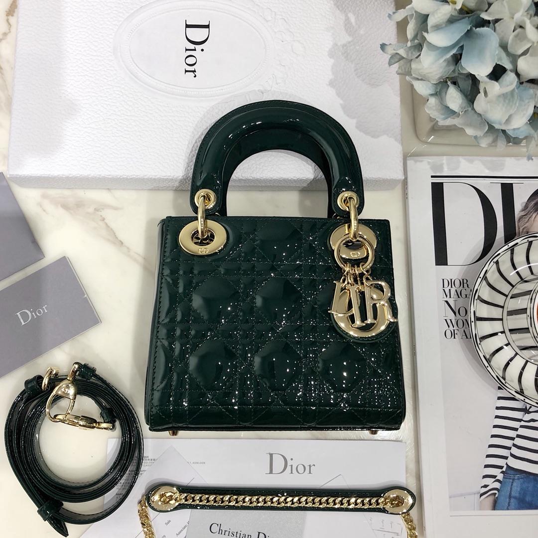 NEW Replica Mini Lady Classic Dior Green Calfskin Bag with Chain in Light Gold Tone Metal