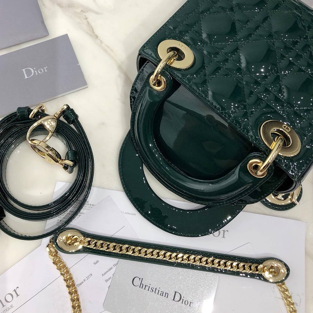 NEW Replica Mini Lady Classic Dior Green Calfskin Bag with Chain in Light Gold Tone Metal