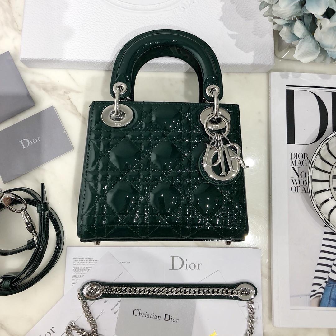 NEW Replica Mini Lady Classic Dior Green Calfskin Bag with Chain in Light Silver Tone Metal