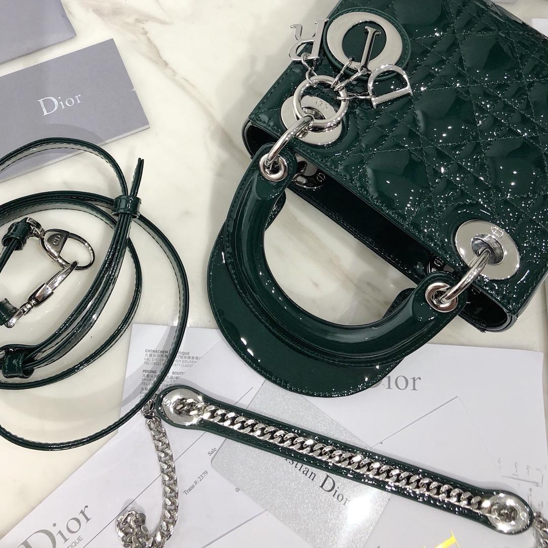 NEW Replica Mini Lady Classic Dior Green Calfskin Bag with Chain in Light Silver Tone Metal