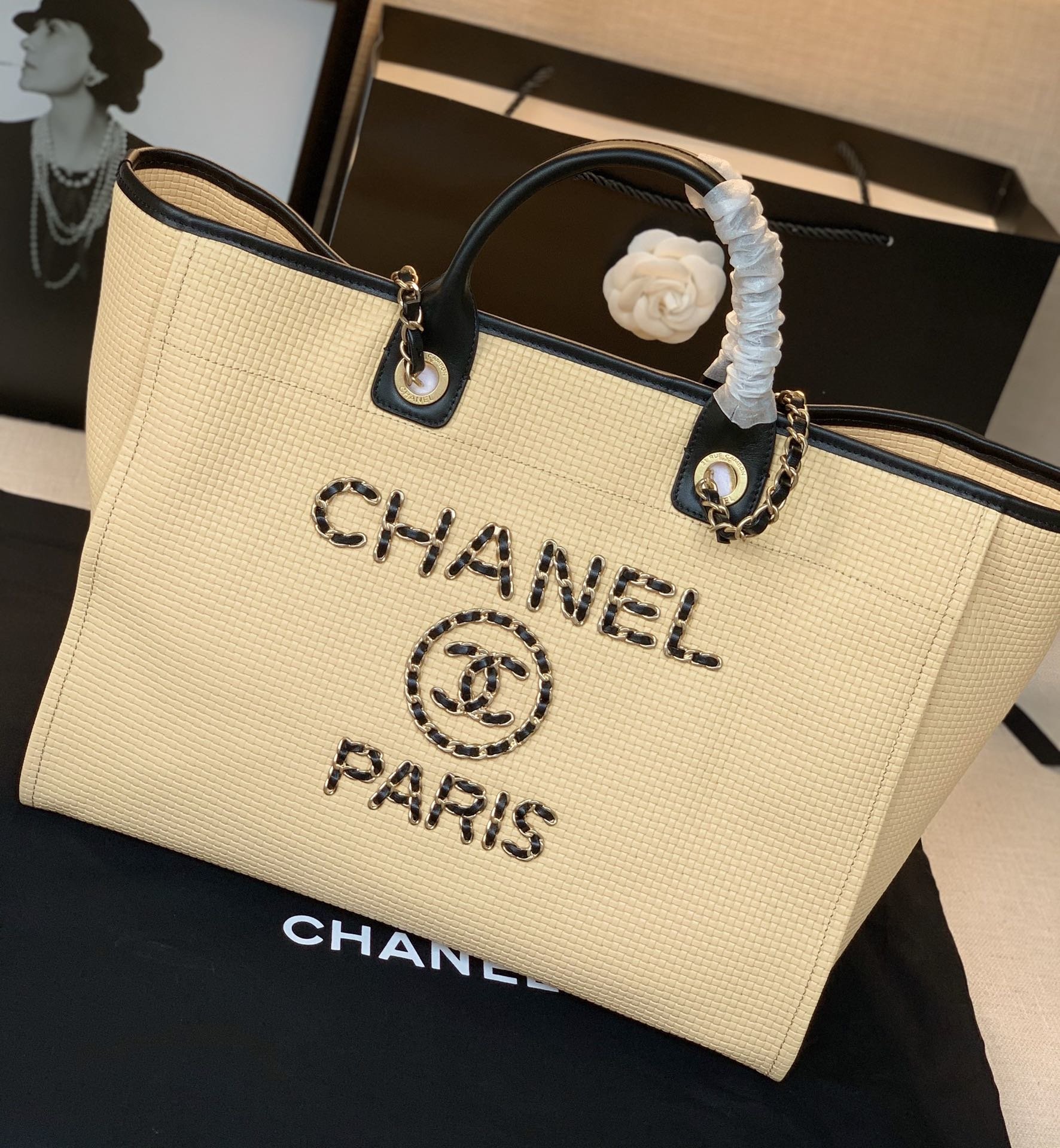 NEW replica Chanel Large Shopping Bag Beige Shiny Calfskin Gold-Tone Ruthenium-Finish Metal