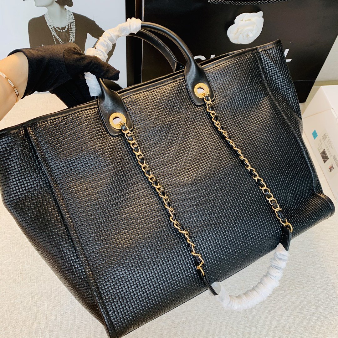 NEW replica Chanel Large Shopping Bag Black Shiny Calfskin Gold-Tone Ruthenium-Finish Metal