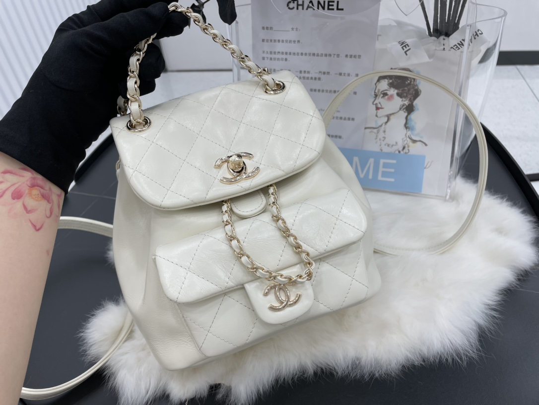 New Authentic Chanel Women Leather Backpack White For Ladies