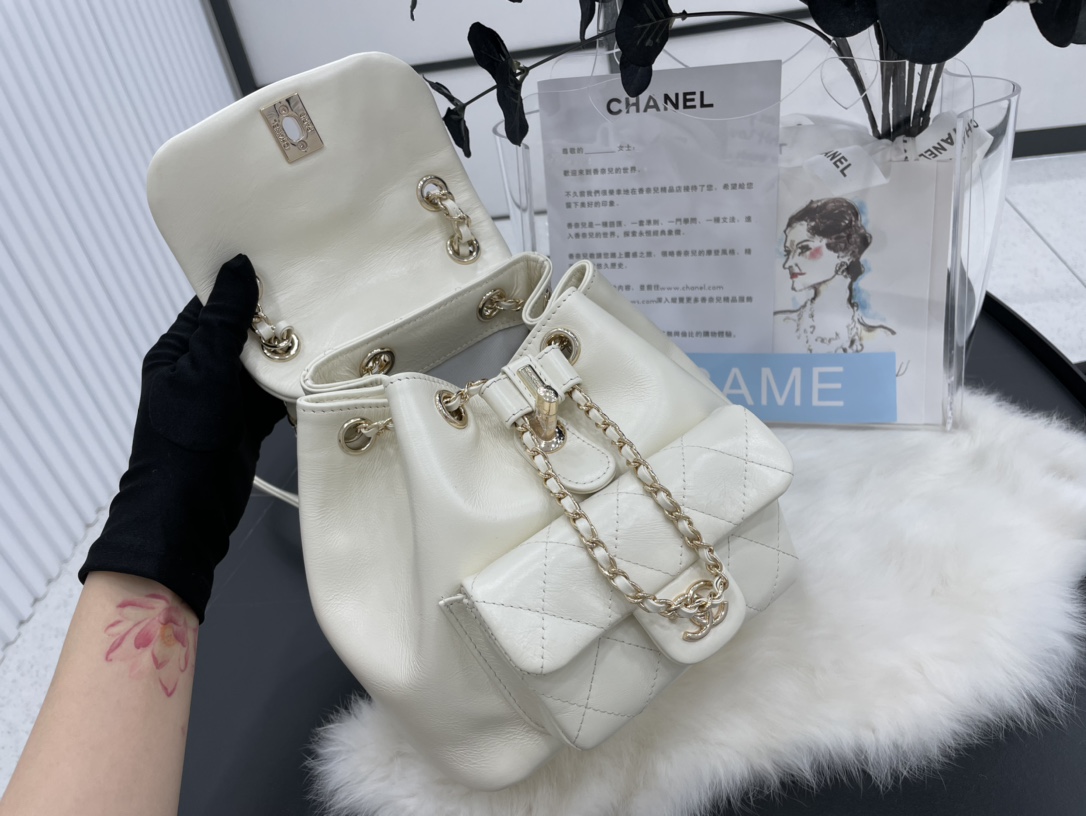 New Authentic Chanel Women Leather Backpack White For Ladies