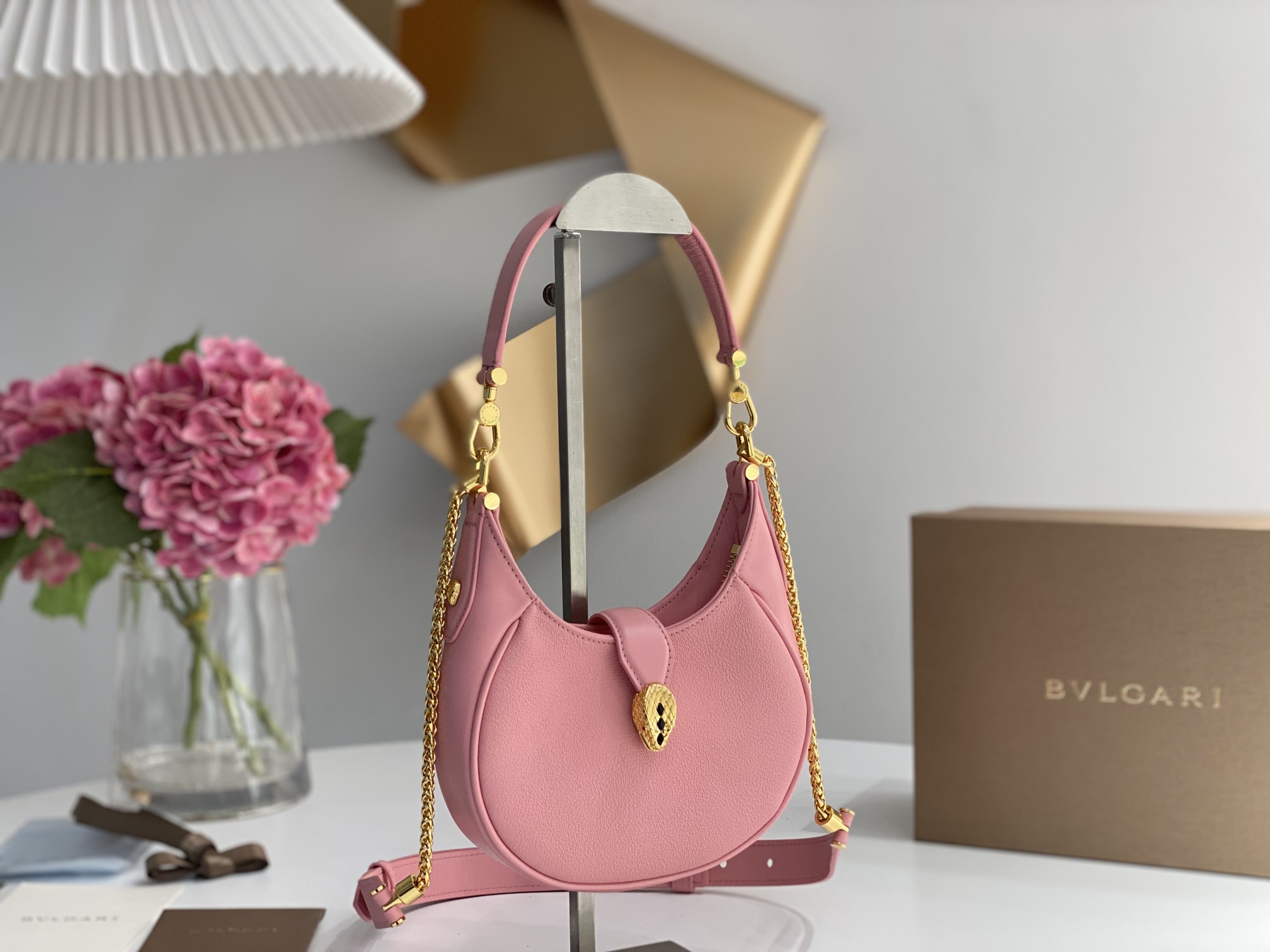 New Copy Bvlgari Serpenti Ellipse Small Crossbody Bag Pink Calf Leather with Snakehead Closure For Women 19cm