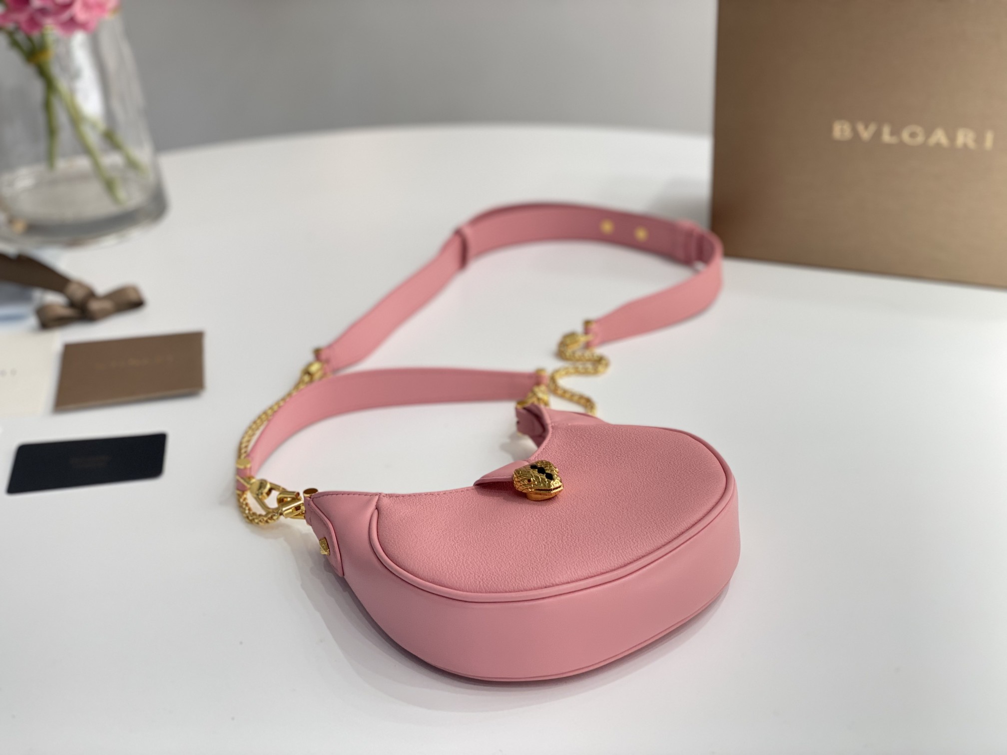 New Copy Bvlgari Serpenti Ellipse Small Crossbody Bag Pink Calf Leather with Snakehead Closure For Women 19cm