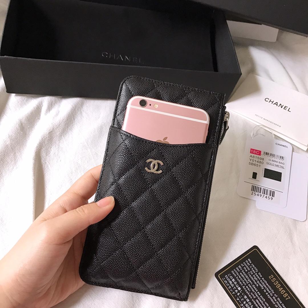 New Copy Chanel Phone Bag Wallet Caviar Quilted Genuine Leather Black Silver