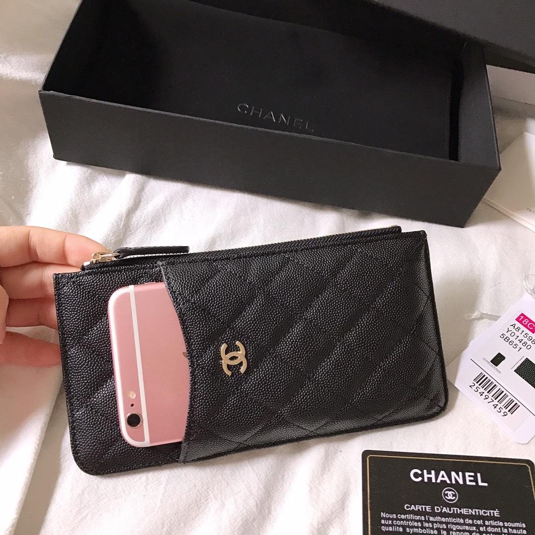 New Copy Chanel Phone Bag Wallet Caviar Quilted Genuine Leather Gold Silver