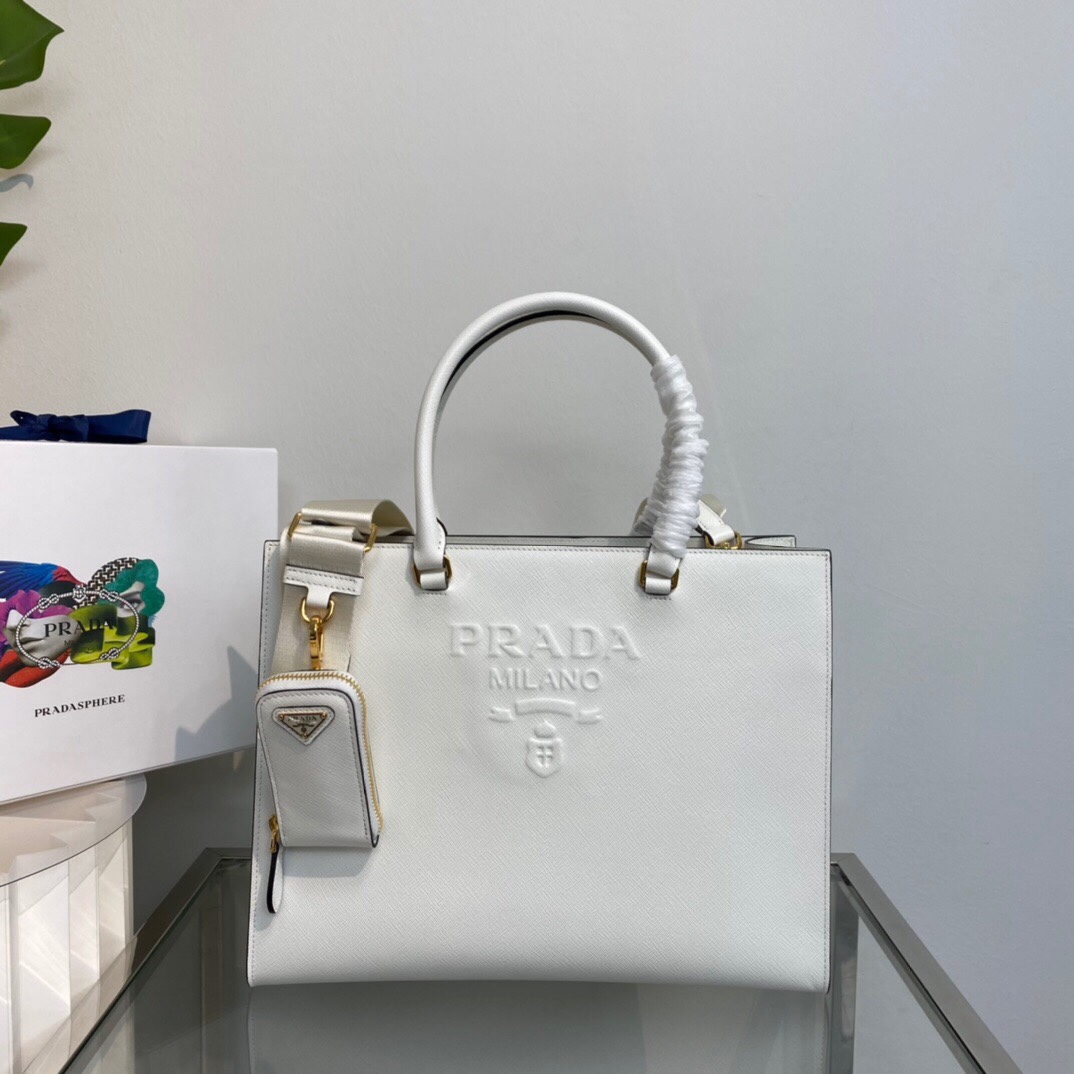 New Copy Prada 1BA335 Large Saffiano Leather Handbag White