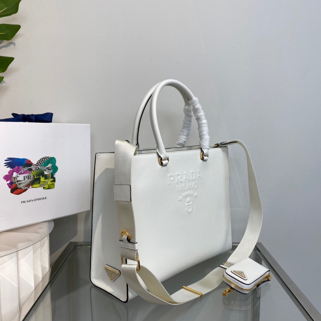 New Copy Prada 1BA335 Large Saffiano Leather Handbag White