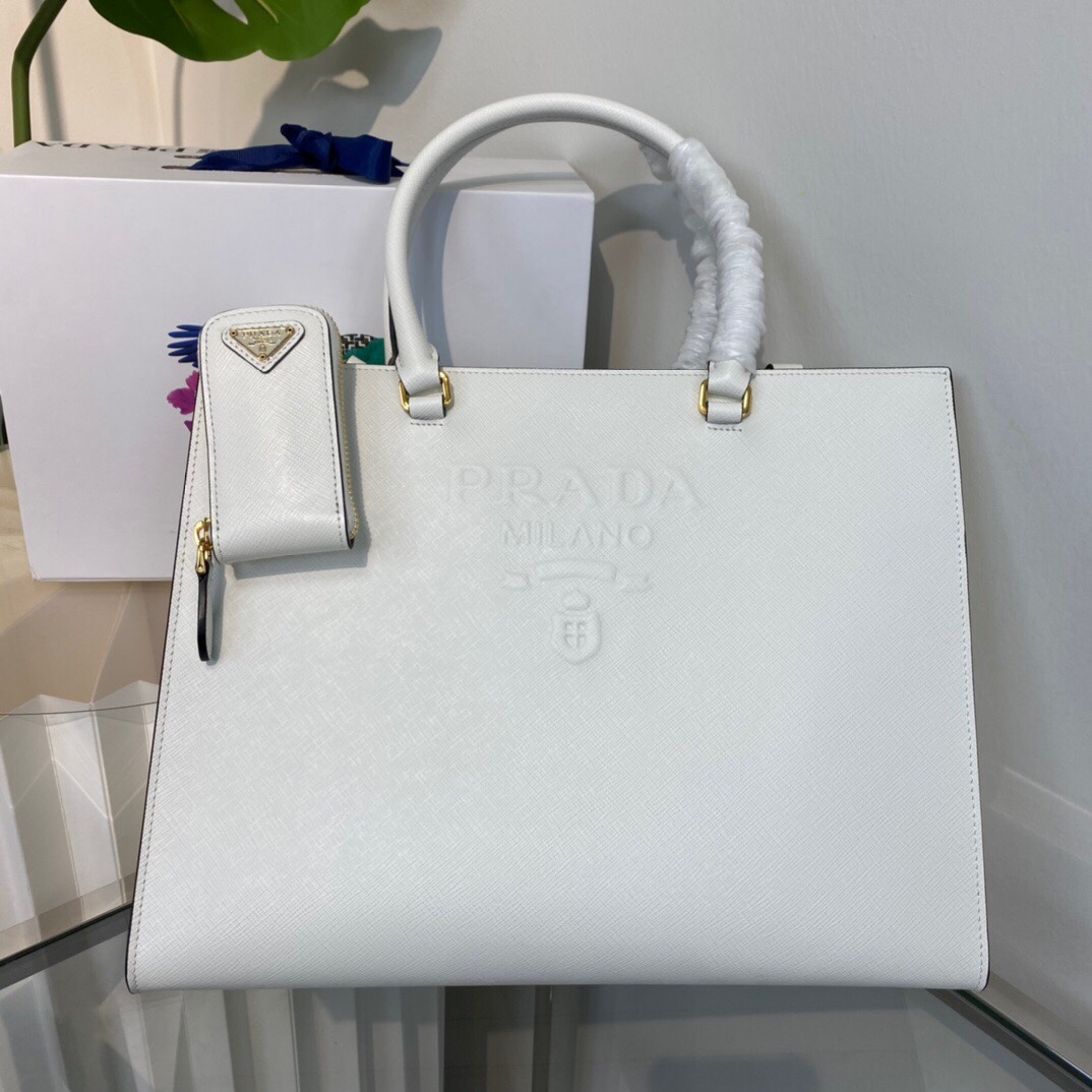 New Copy Prada 1BA335 Large Saffiano Leather Handbag White