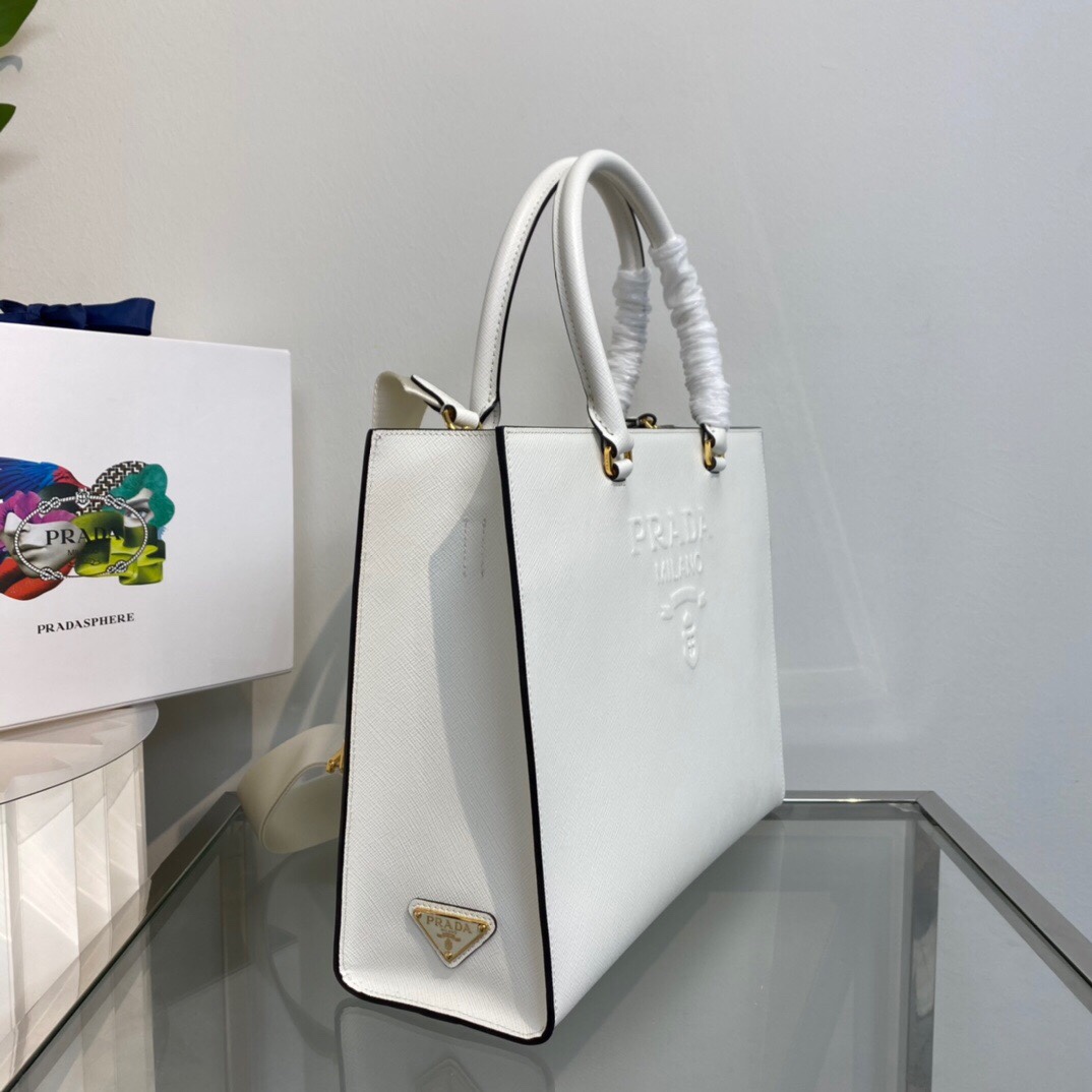 New Copy Prada 1BA335 Large Saffiano Leather Handbag White