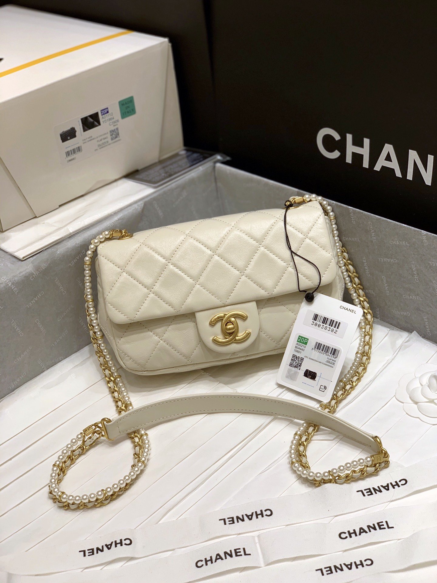 New Replica Chanel AS2210 Flap Bag Calfskin Crystal Pearls Gold-Tone Metal Beige