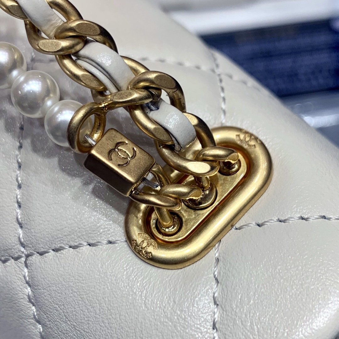 New Replica Chanel AS2210 Flap Bag Calfskin Crystal Pearls Gold-Tone Metal Beige