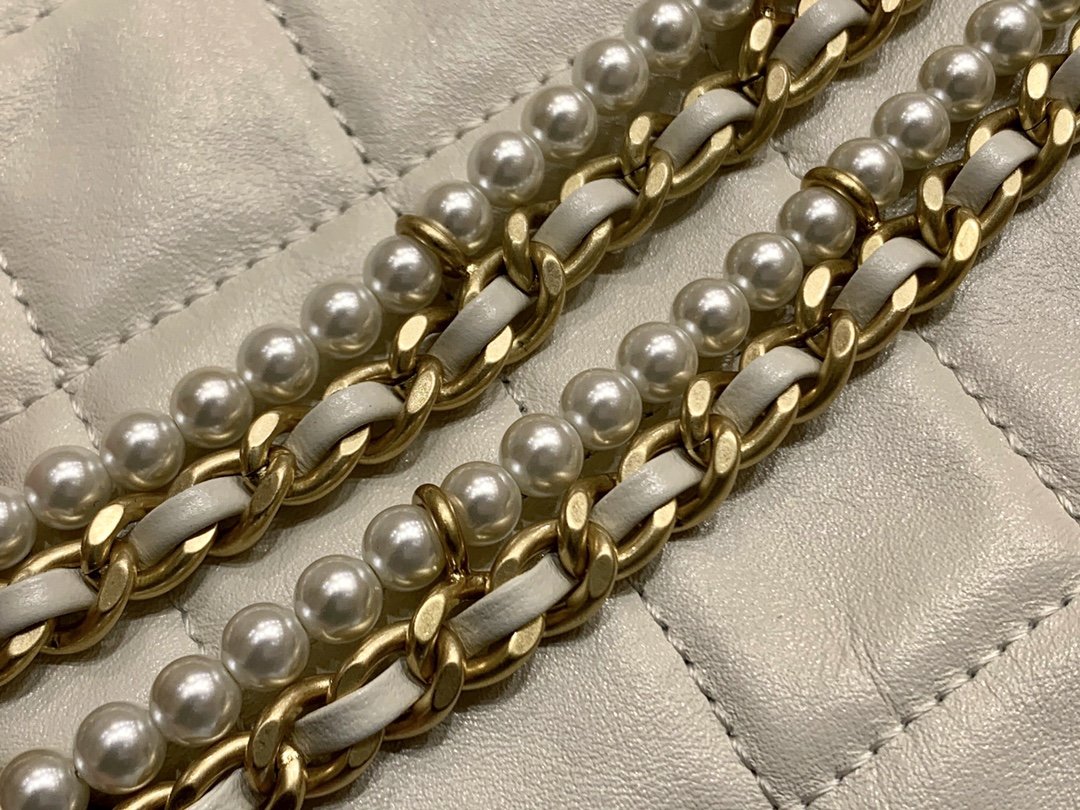 New Replica Chanel AS2210 Flap Bag Calfskin Crystal Pearls Gold-Tone Metal Beige