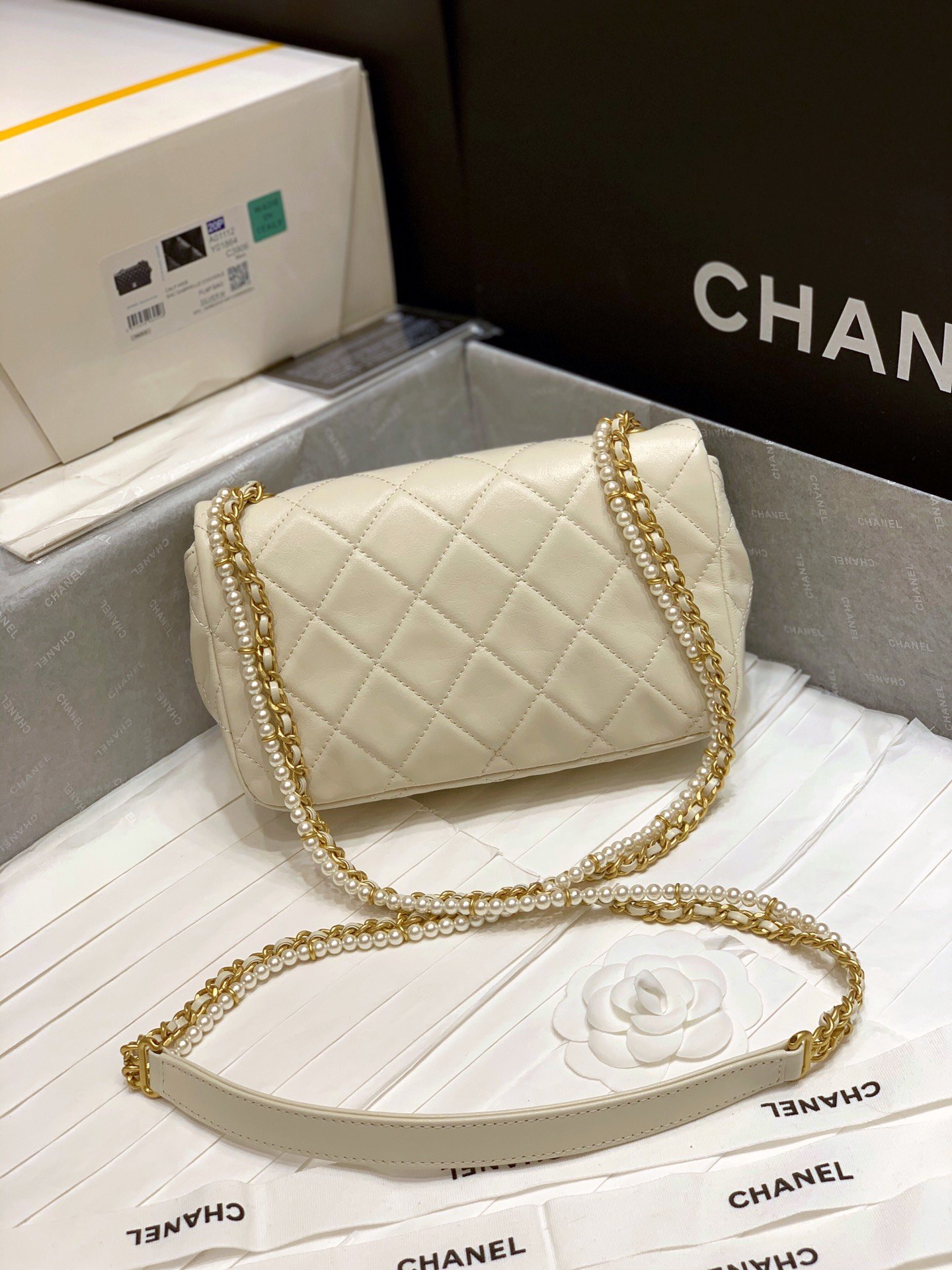 New Replica Chanel AS2210 Flap Bag Calfskin Crystal Pearls Gold-Tone Metal Beige