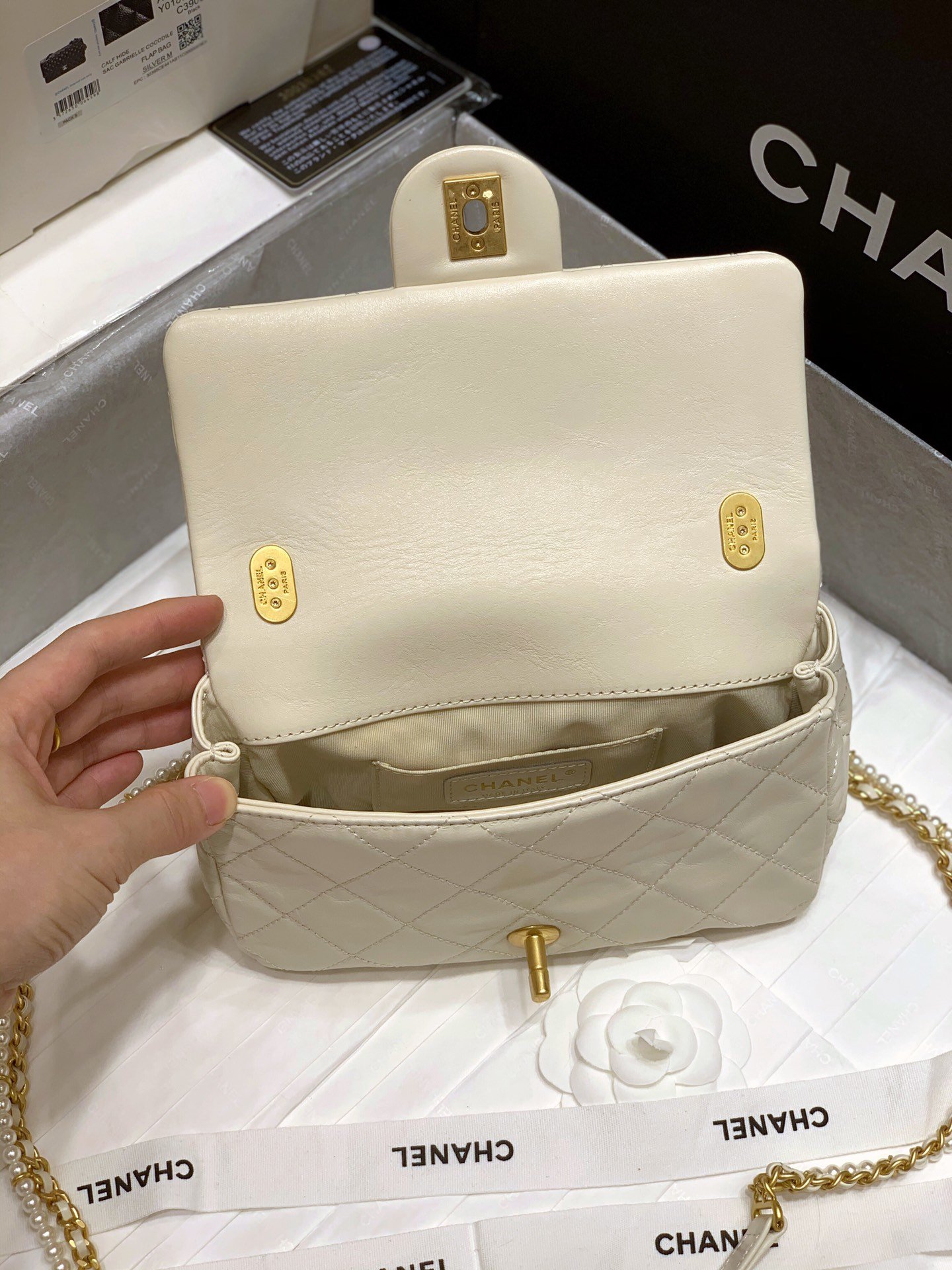 New Replica Chanel AS2210 Flap Bag Calfskin Crystal Pearls Gold-Tone Metal Beige